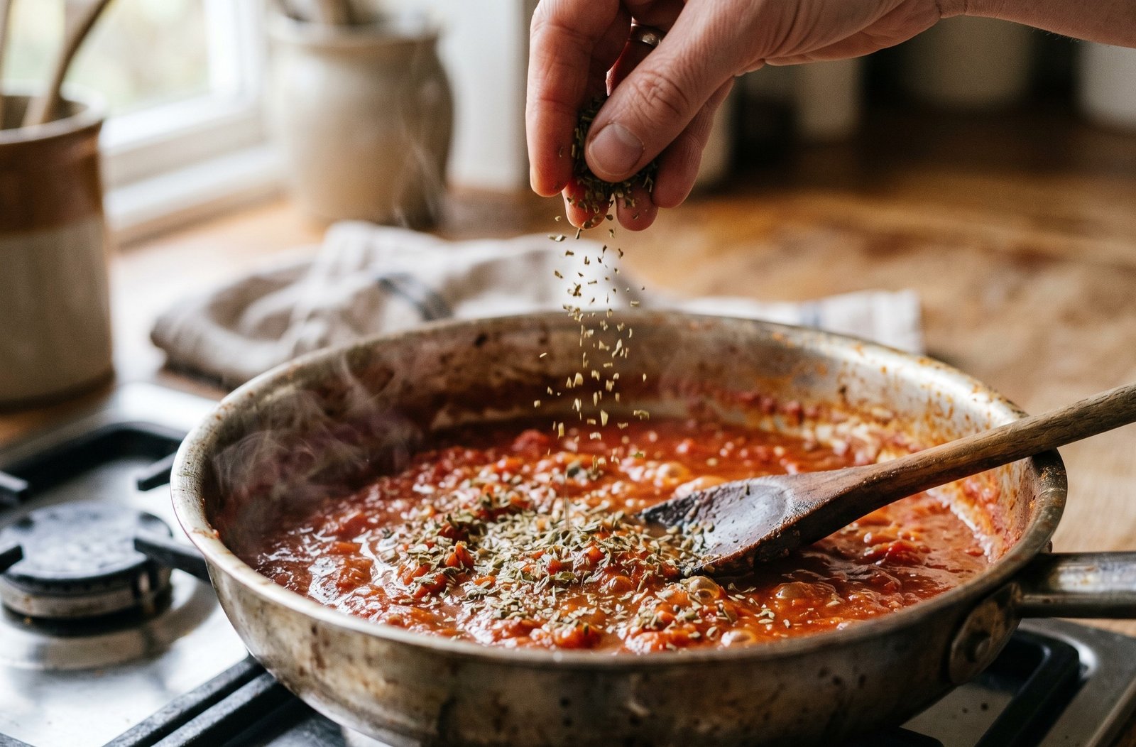 Flocons d’origan séché parsemés sur une sauce tomate qui mijote dans une poêle