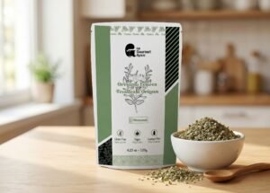 Edi Gourmet Spice Turkish oregano leaves pouch on a kitchen table beside a bowl of the dried leaf