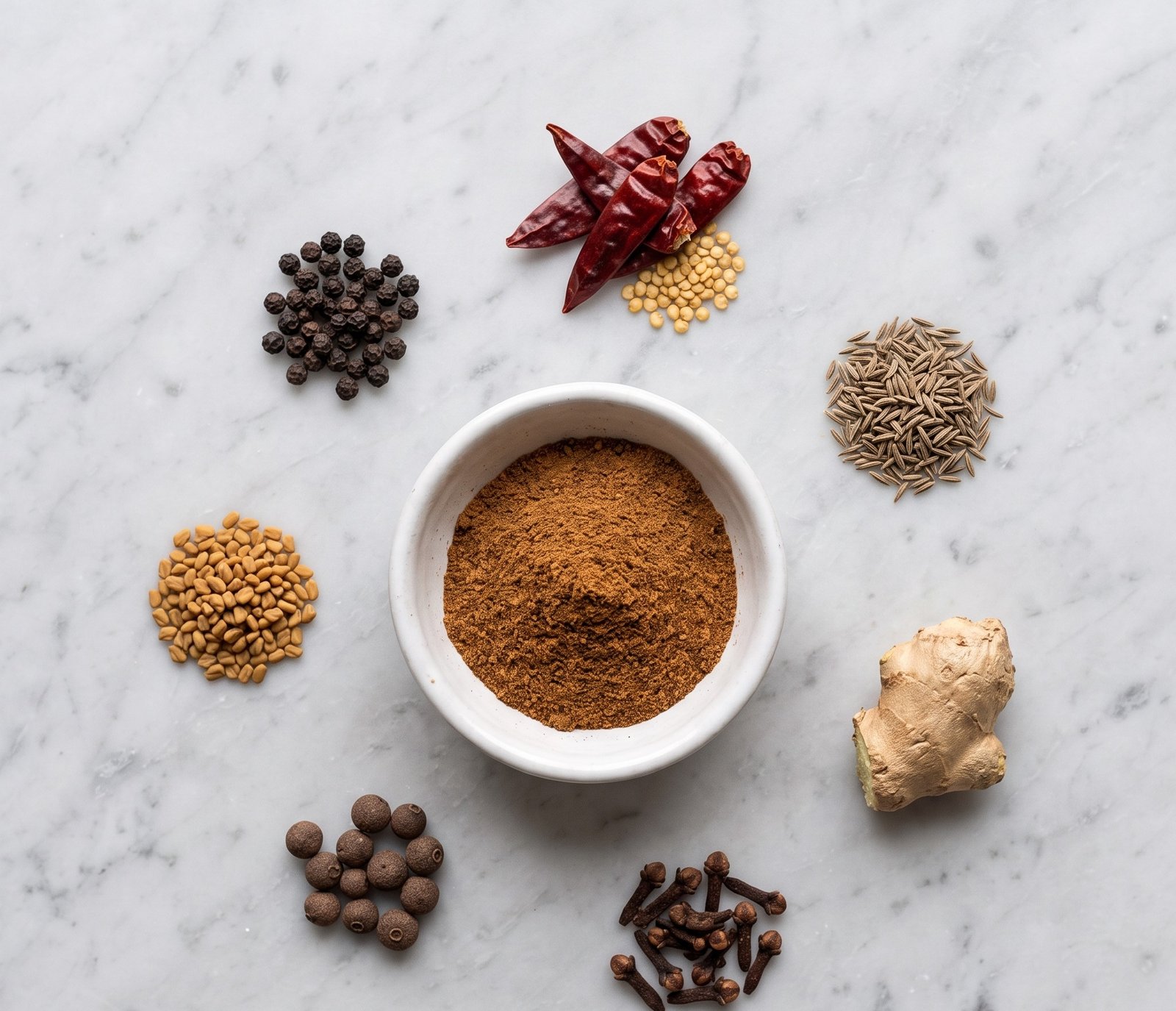 What Is in Baharat Baharat seven spice blend surrounded by whole black pepper, allspice, cinnamon, clove and cumin