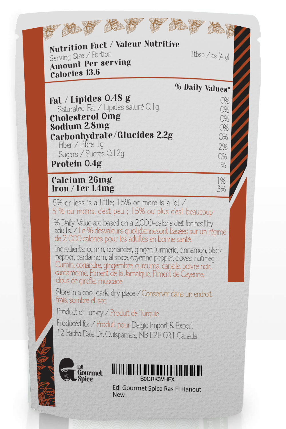 Back of the ras el hanout pouch showing the twelve-spice ingredient list