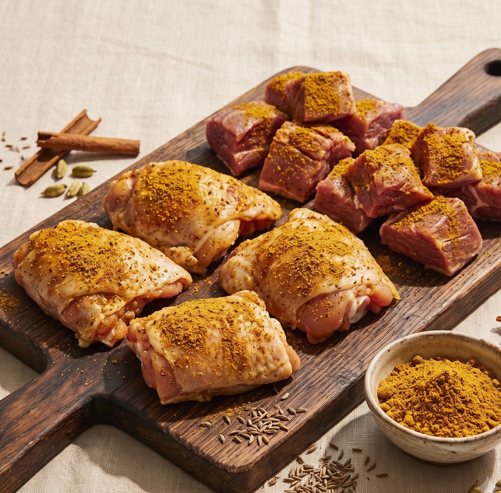 Chicken thighs and cubed meat rubbed with ras el hanout on a wooden board