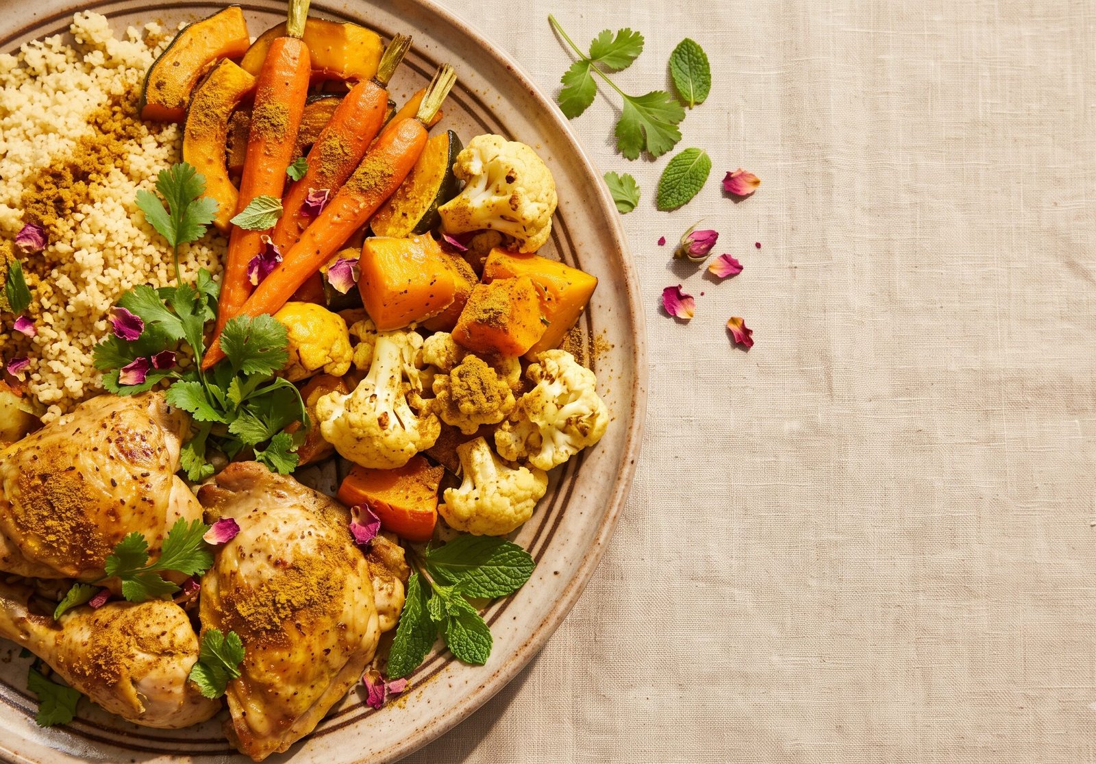 Plated dinner of couscous, roast chicken and ras el hanout roasted vegetables with rose petals