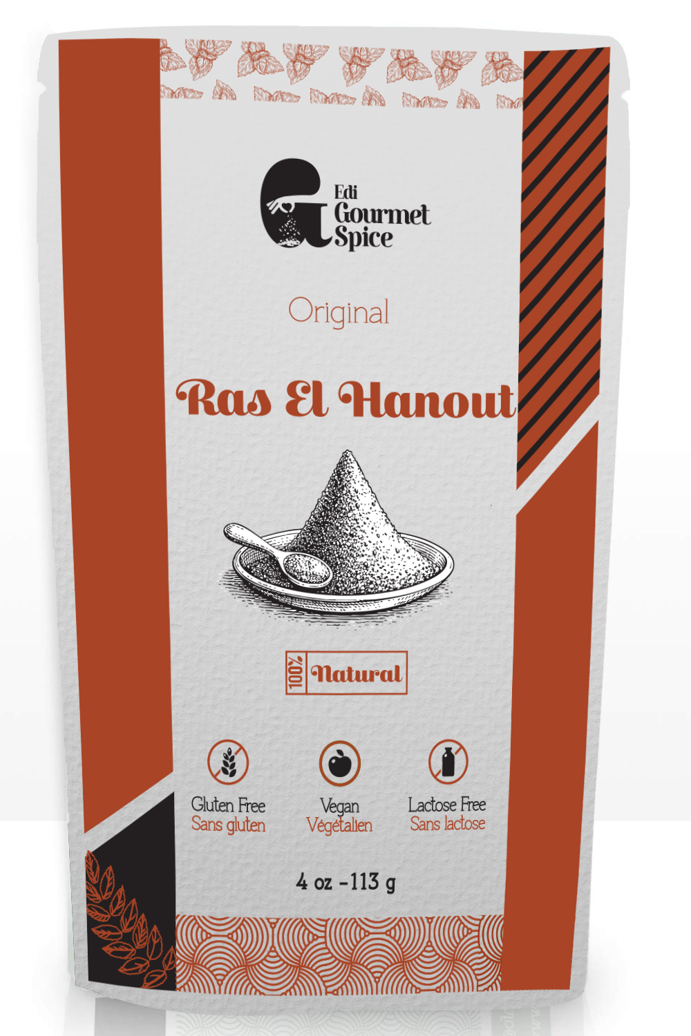 Edi Gourmet Spice Ras el Hanout, front of the 113 g resealable pouch