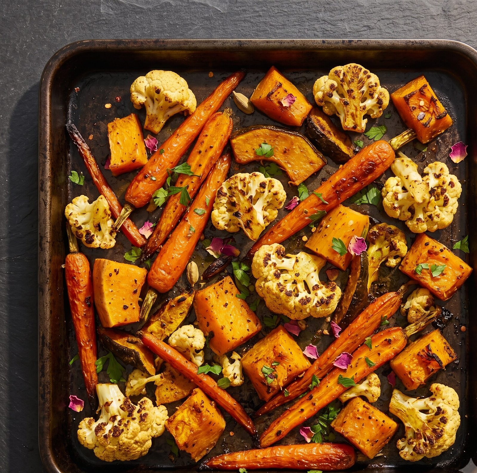 Sheet-pan carrots, squash and cauliflower roasted with ras el hanout
