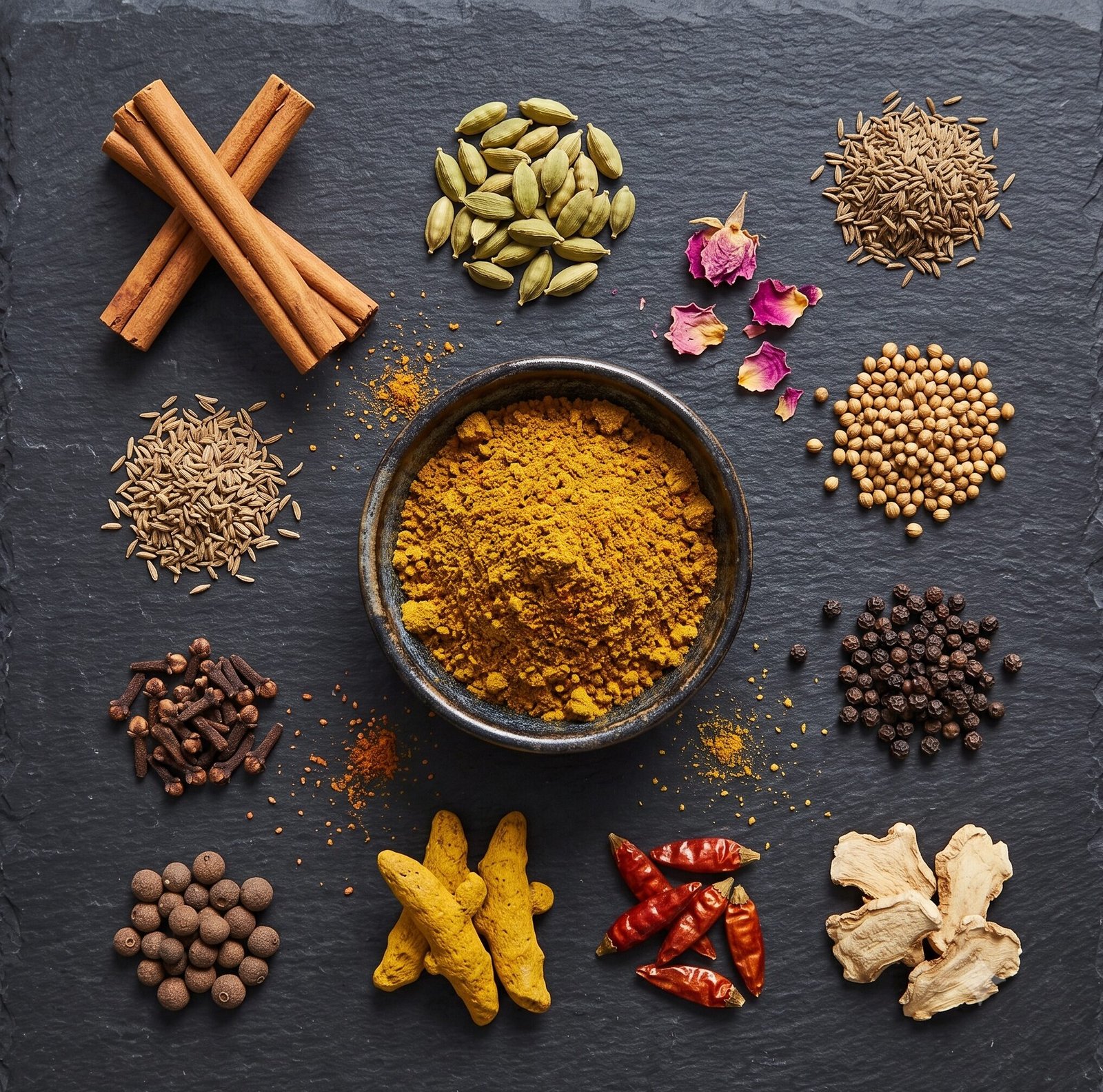 Bowl of golden ras el hanout surrounded by the twelve whole spices in the blend