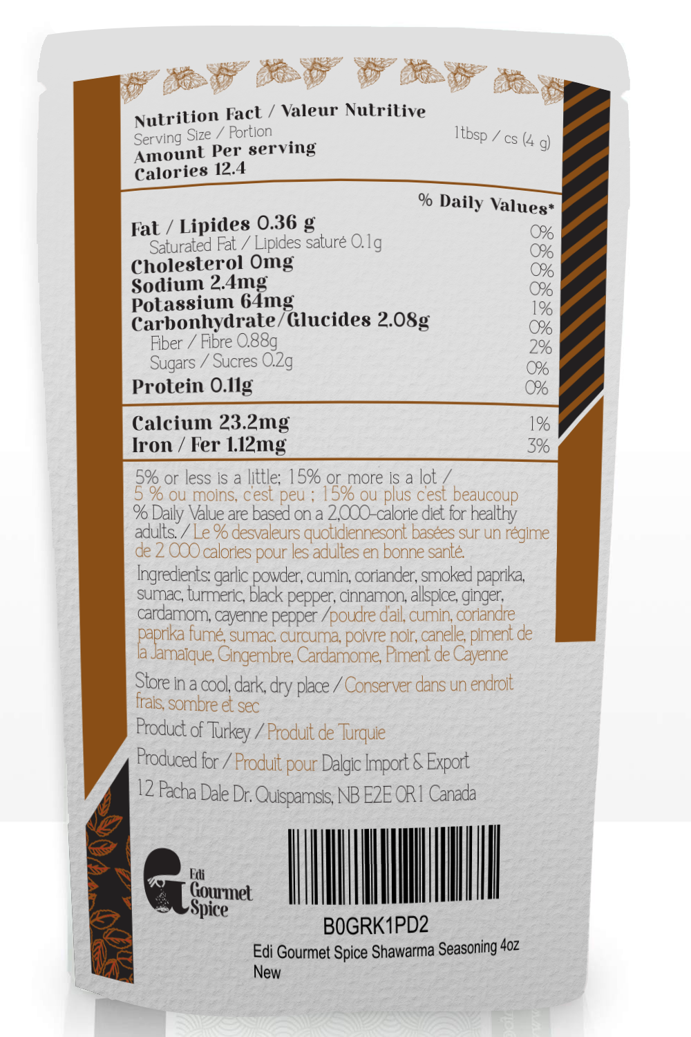 Back of the shawarma seasoning pouch showing the twelve-spice ingredient list