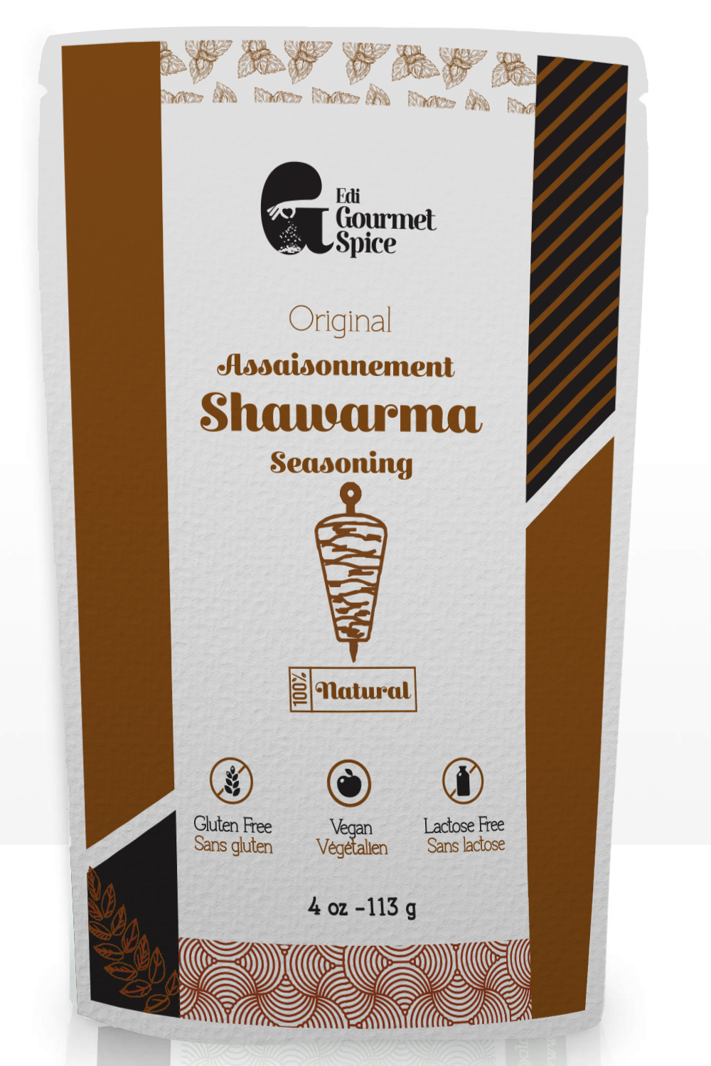 Edi Gourmet Spice Shawarma Seasoning, front of the 113 g resealable pouch