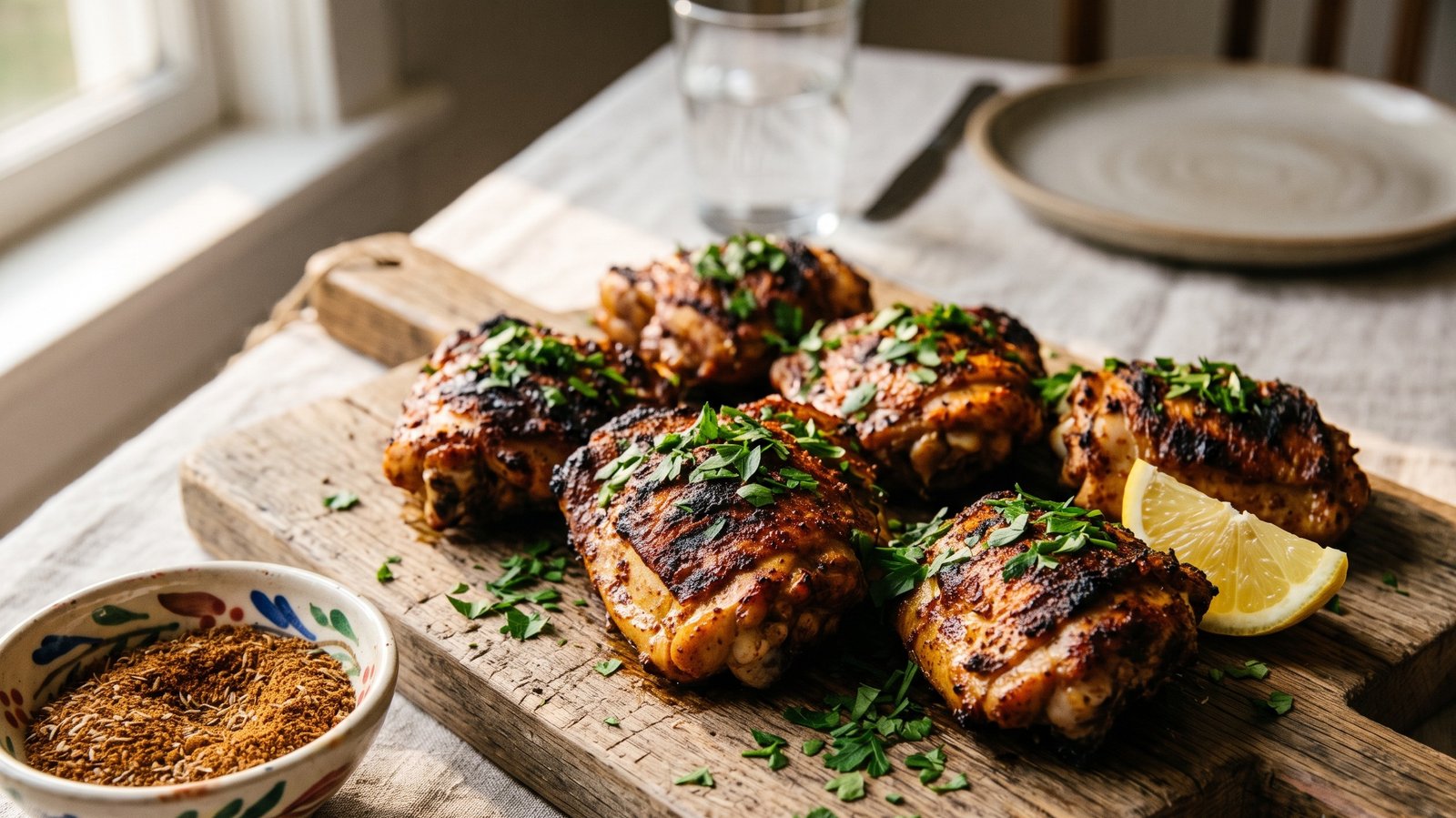 Shawarma Seasoning on Chicken Grilled chicken thighs seasoned with shawarma spice, garnished with parsley