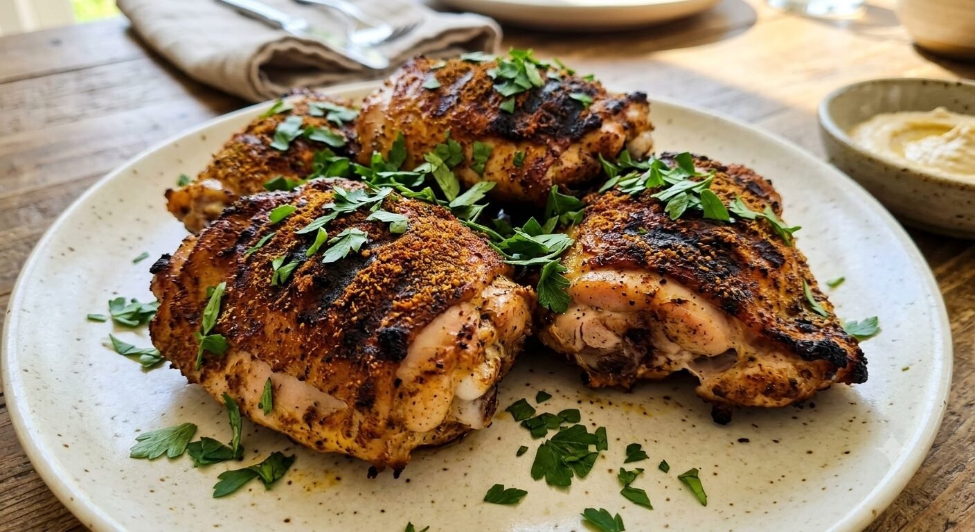 Grilled chicken thighs seasoned with shawarma spice, garnished with parsley