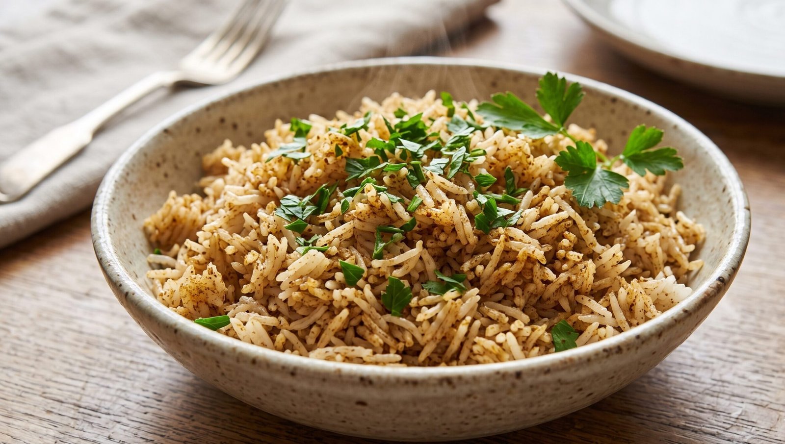 Bowl of rice seasoned with shawarma spice and fresh parsley