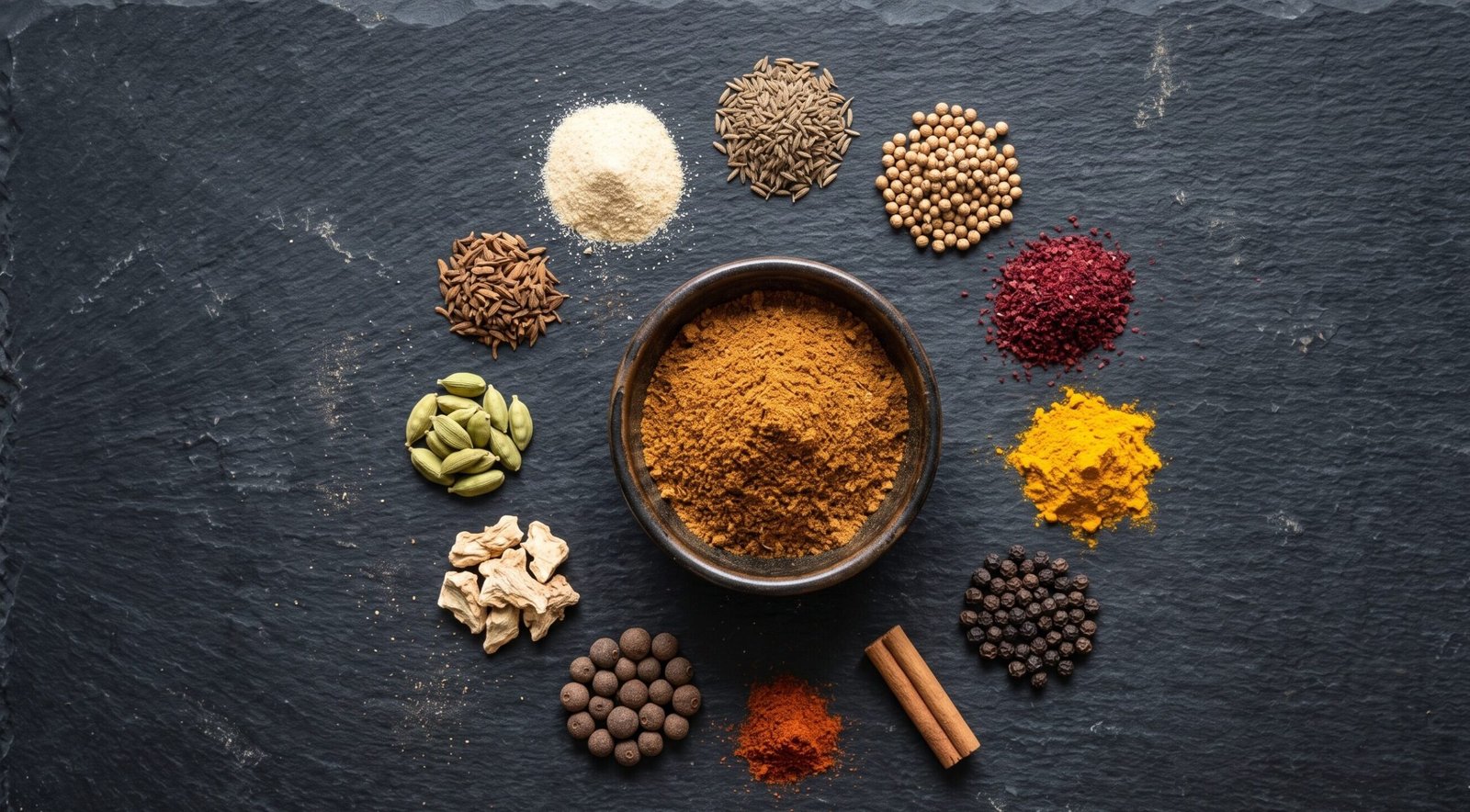 Shawarma seasoning in a bowl surrounded by the twelve whole spices in the blend