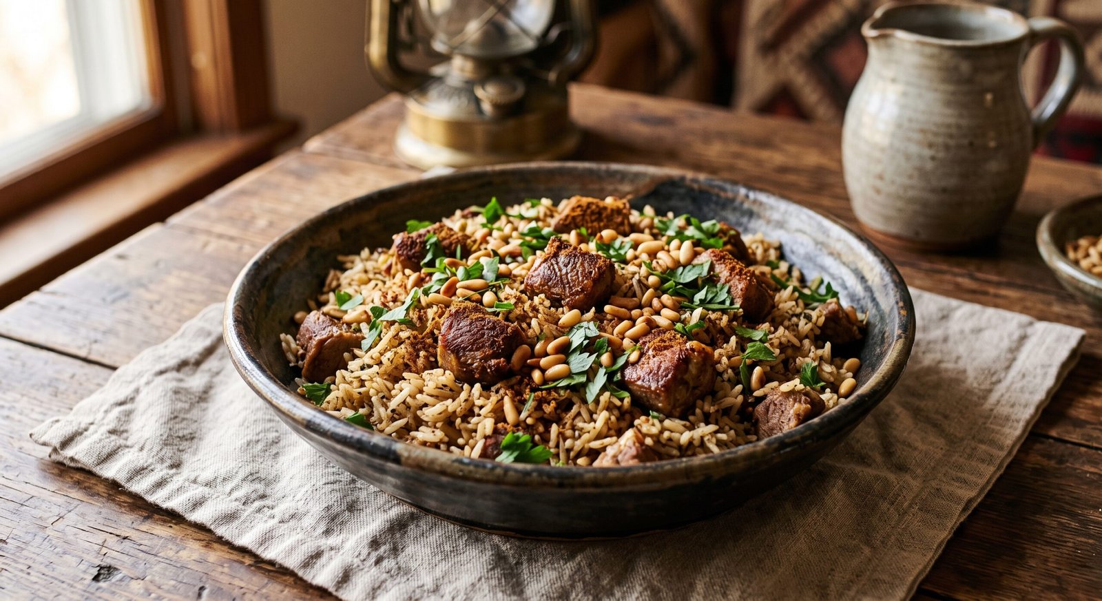 Agneau et riz épicés assaisonnés d'un mélange moyen-oriental contenant du piment de la Jamaïque, servis dans un bol.