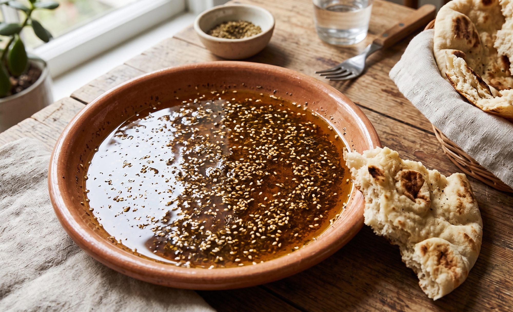 Green Levantine za'atar with whole sesame seeds suspended in olive oil in a terracotta dish