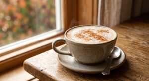 Pumpkin pie spice dusted over the foam of a latte in a ceramic cup on a wooden table.