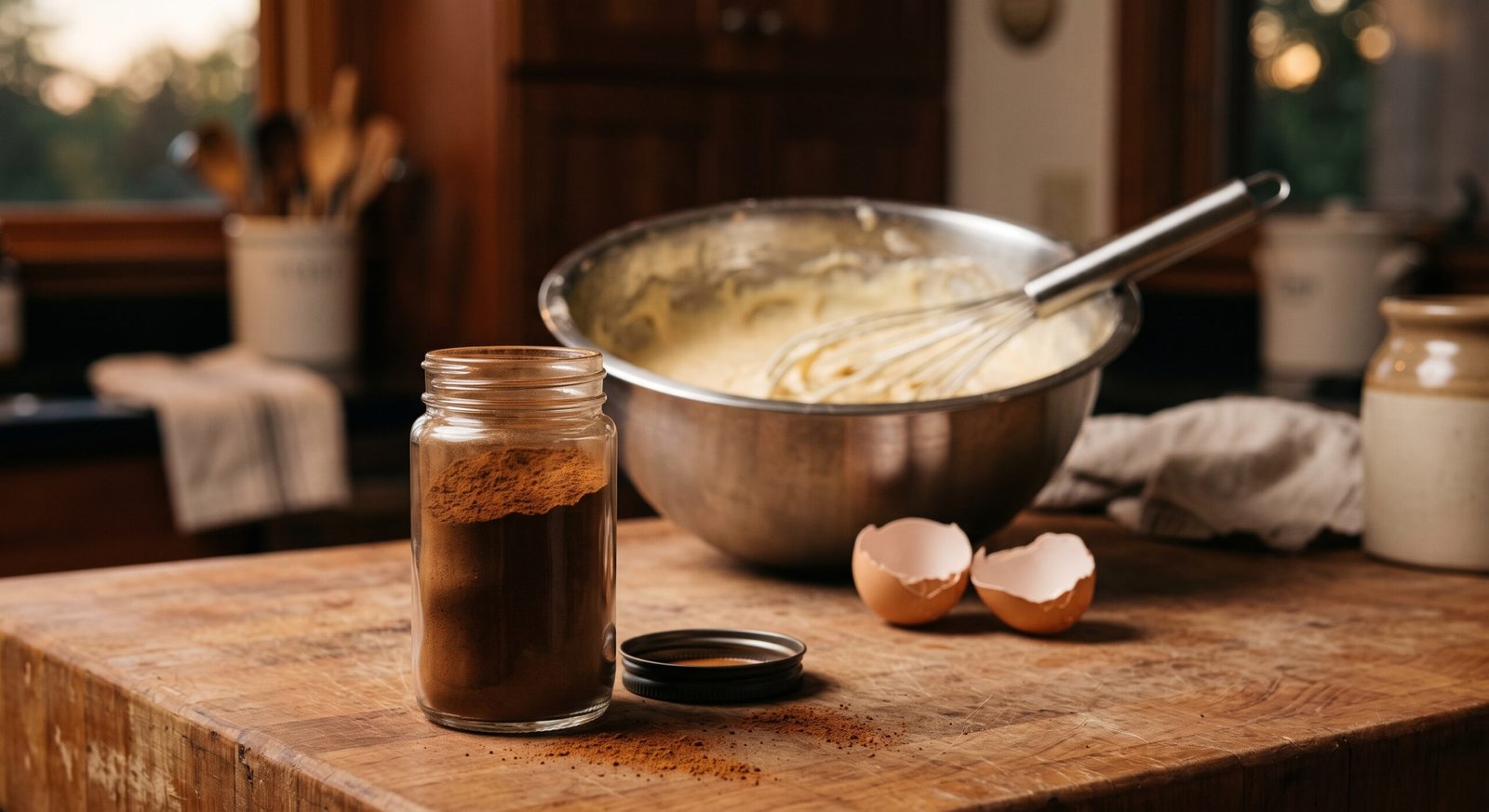 Pot de cannelle moulue sur un comptoir de cuisine, à côté d'un bol de pâte à gâteau et d'un fouet.