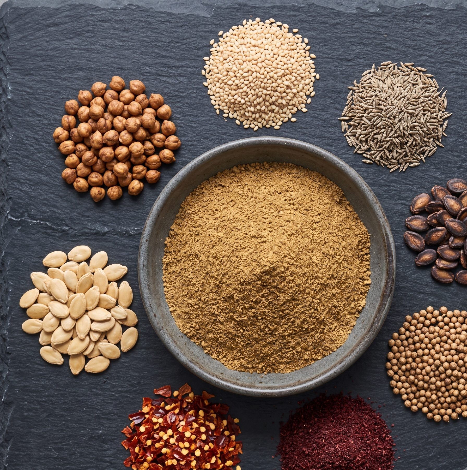 Flat lay of Turkish za'atar ingredients including roasted chickpeas, sesame, melon seeds, cumin, coriander and sumac
