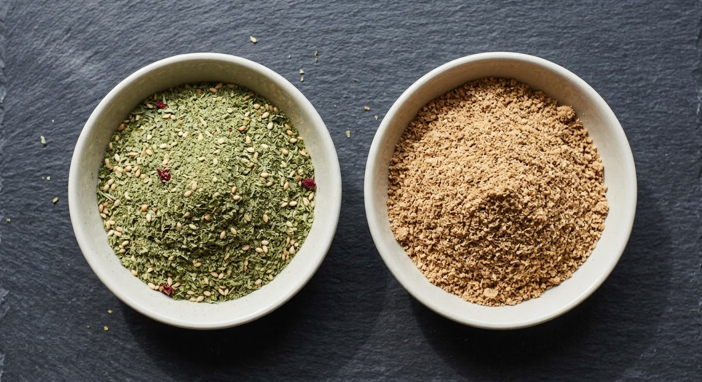Two bowls side by side showing green Levantine za'atar and brown roasted Turkish za'atar