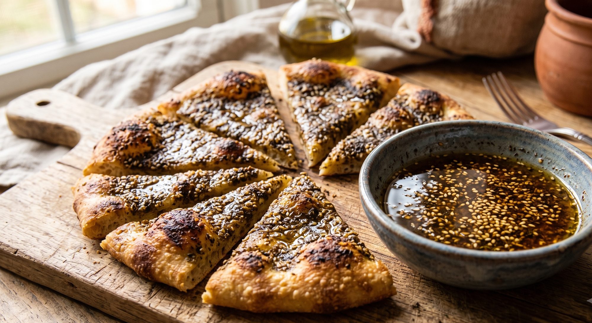 Za'atar manakish flatbread sliced into wedges beside a bowl of za'atar and olive oil