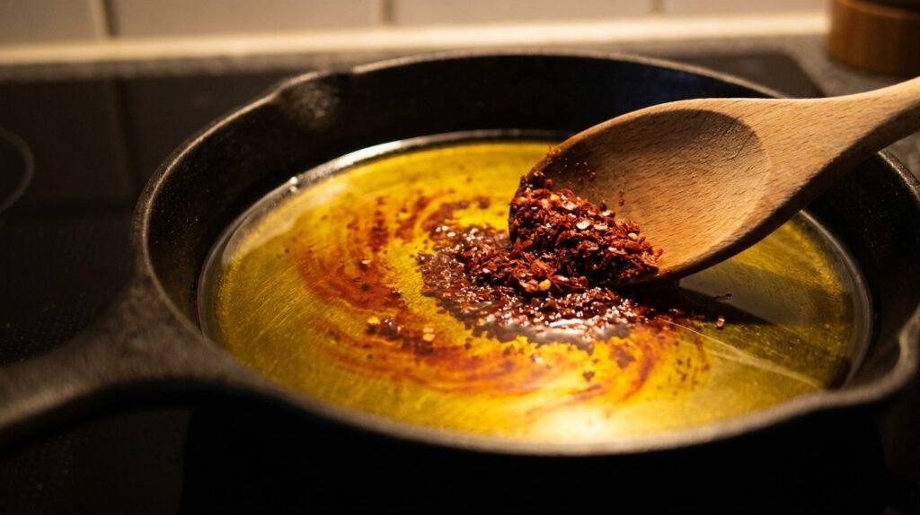 Flocons de poivre d’Alep qui infusent dans l’huile d’olive tiède, l’huile prenant une teinte rouge-or