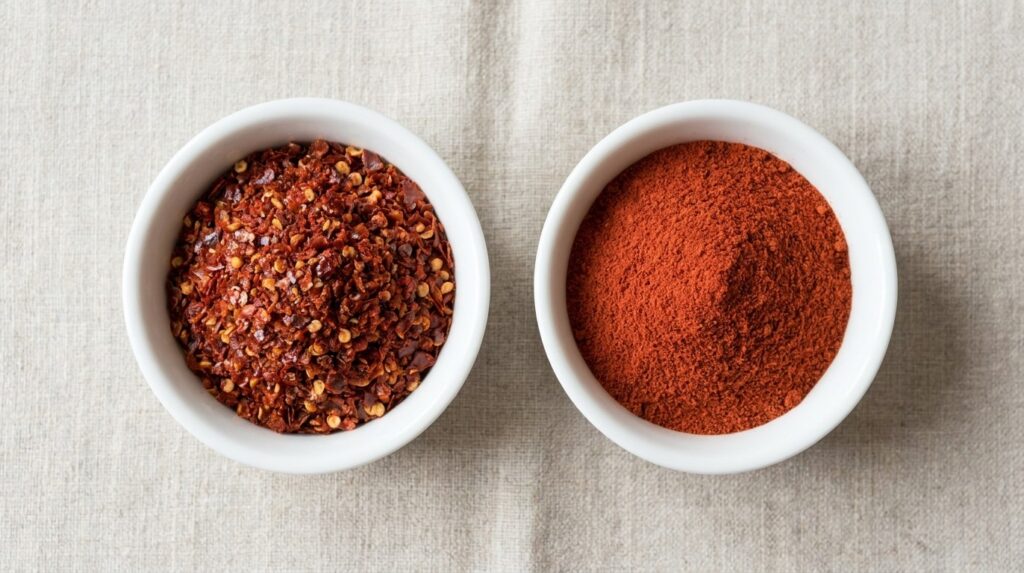 Flocons grossiers de poivre d’Alep à côté de paprika doux en poudre fine, dans deux petits bols blancs