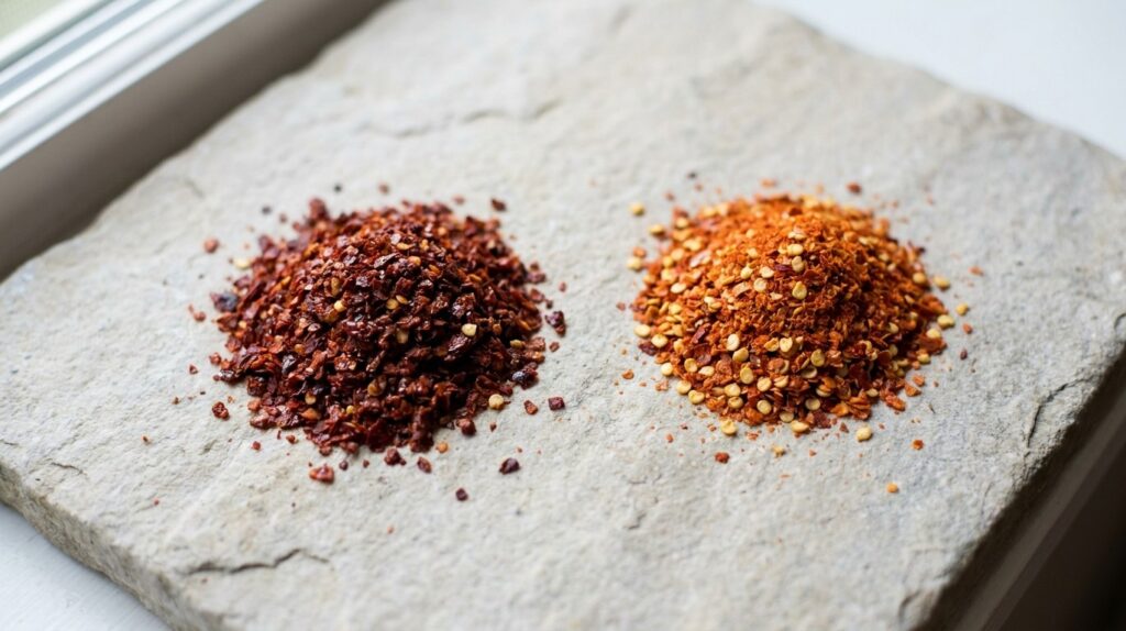 Flocons de poivre d’Alep à côté de flocons de piment rouge : l’Alep plus bordeaux et légèrement huileux, le mélange plus vif avec des graines pâles
