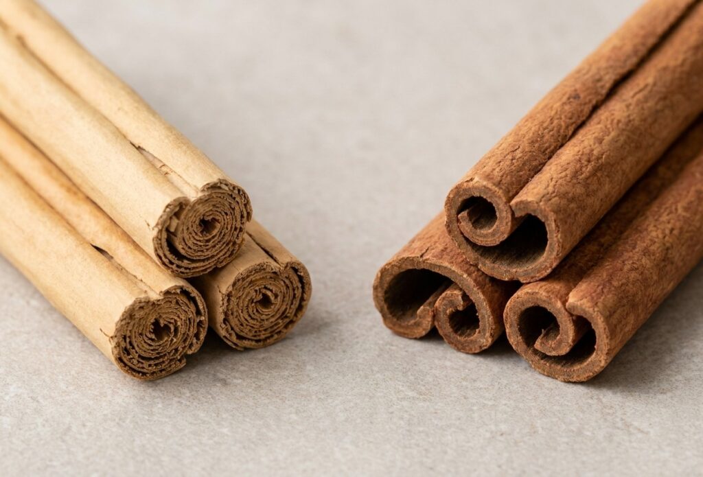 Bâtons de cannelle de Ceylan à côté d'écorce de cassia plus épaisse, montrant la différence de couches