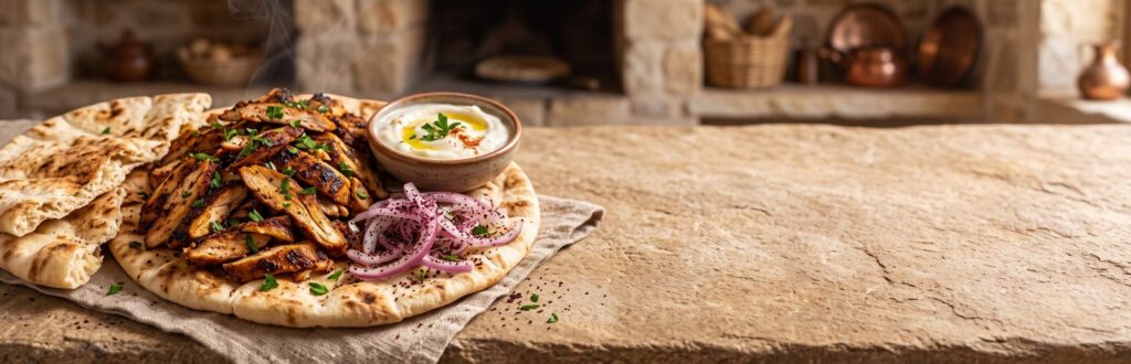 Shawarma au poulet sur un pita chaud, avec oignon rouge au sumac et un bol de sauce à l'ail
