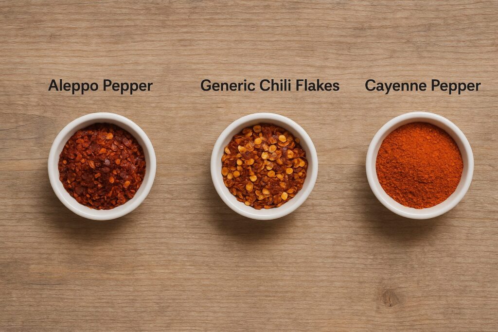 Trois bols blancs étiquetés poivre d’Alep, flocons de piment et piment de Cayenne : flocons rouge profond, flocons pleins de graines et poudre orange fine