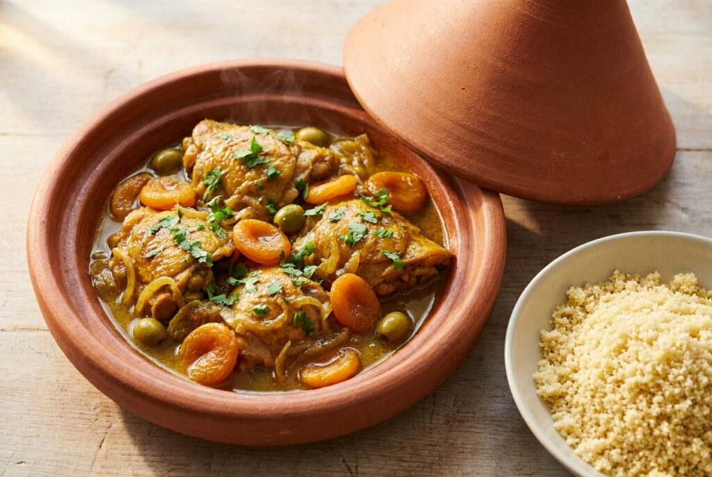 Tajine de poulet au ras el hanout, abricots et olives vertes dans un tajine en terre cuite, couscous à côté