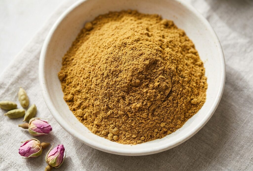Bol de ras el hanout doré finement moulu, avec des boutons de rose séchés et des gousses de cardamome verte à côté