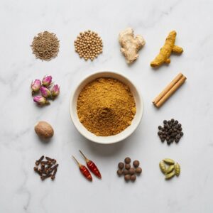The twelve whole spices in ras el hanout arranged around a bowl of the ground blend
