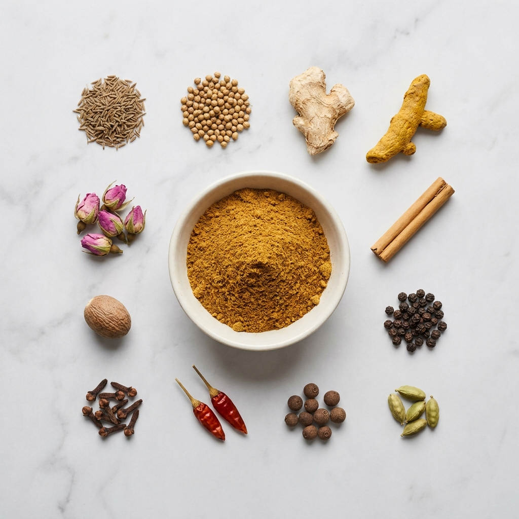 Les douze épices entières du ras el hanout disposées autour d'un bol du mélange moulu
