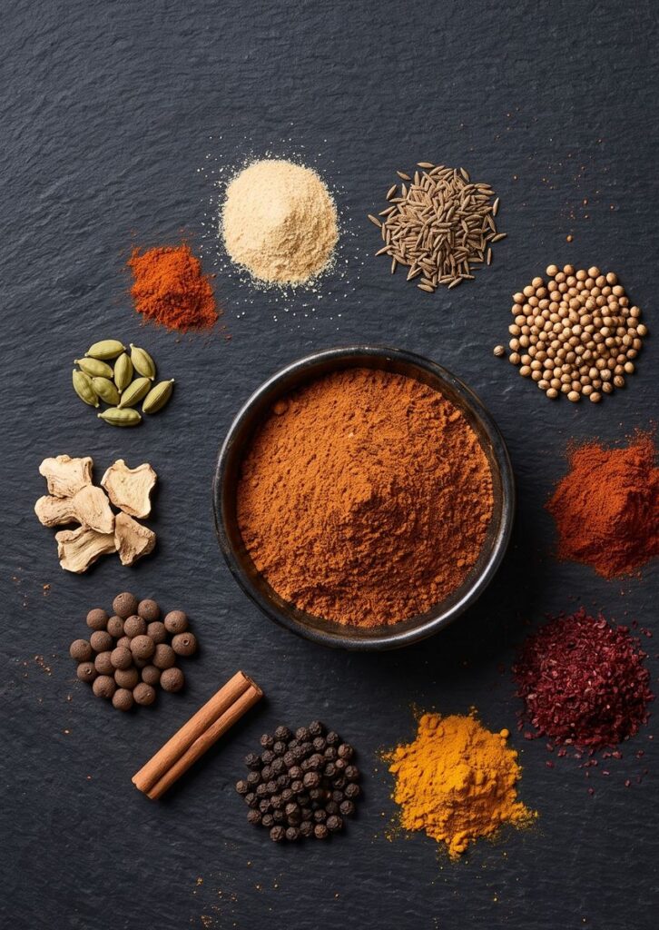 Les douze épices de l'assaisonnement shawarma autour d'un bol du mélange moulu : ail, cumin, coriandre, paprika, sumac, curcuma et plus